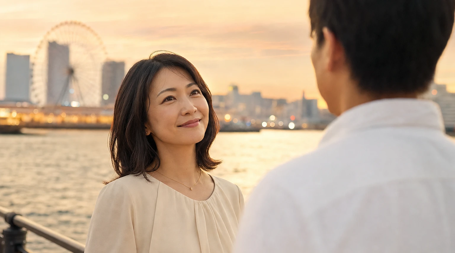 夕暮れの港で語らう大人の二人